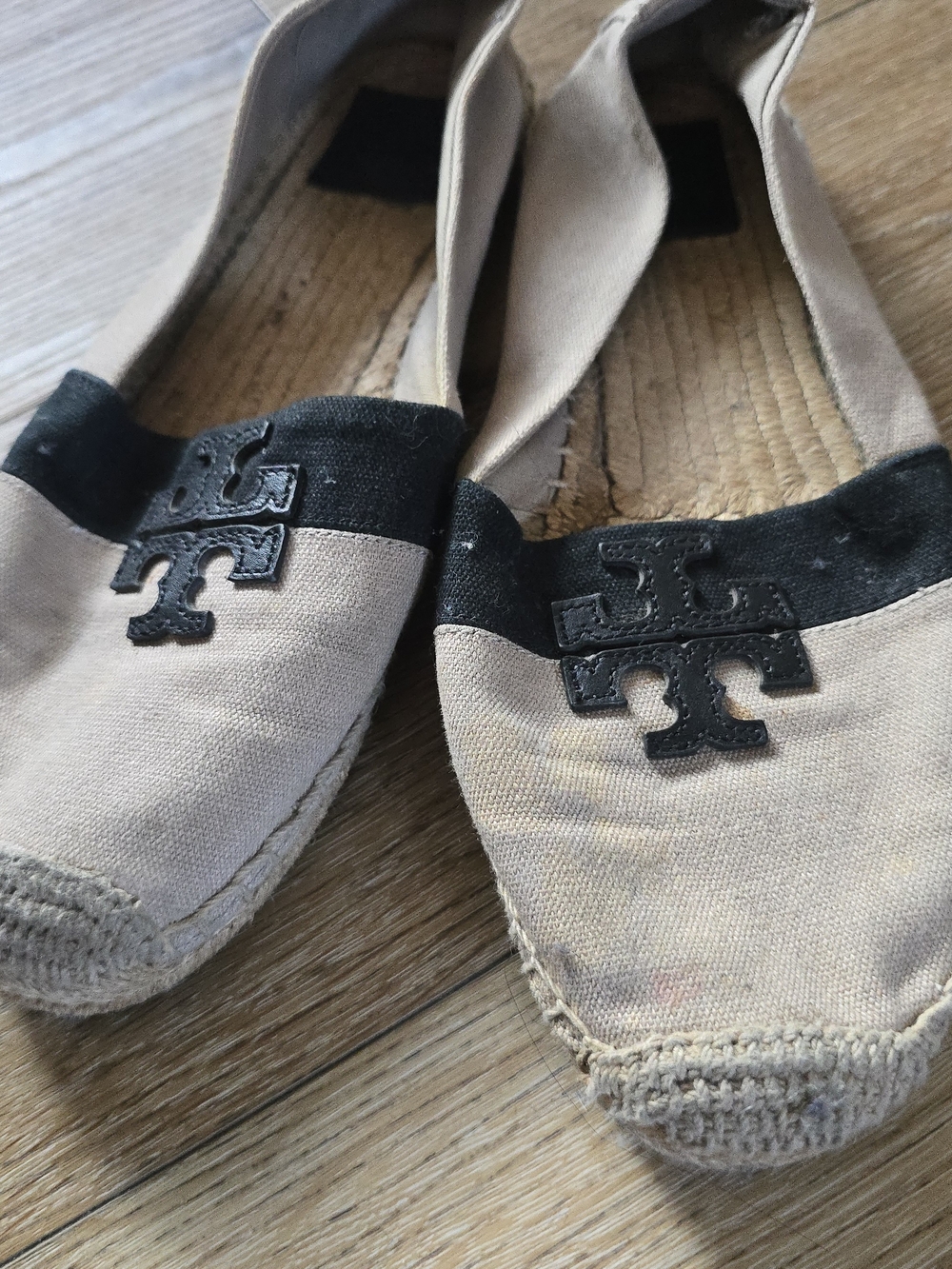 Tory Burch Kids Beige Canvas Slip-On Espadrilles with Black Trim & Logo